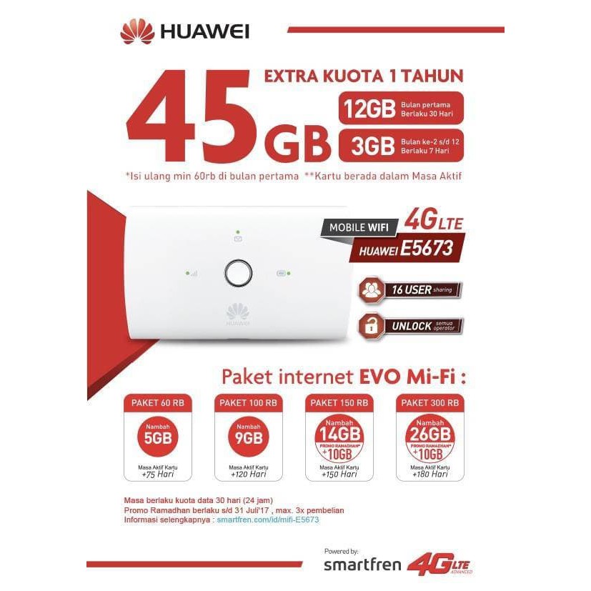 Mifi Modem Wifi Router 4G UNLOCK Huawei E5673 Free Smartfren 45Gb 1Thn