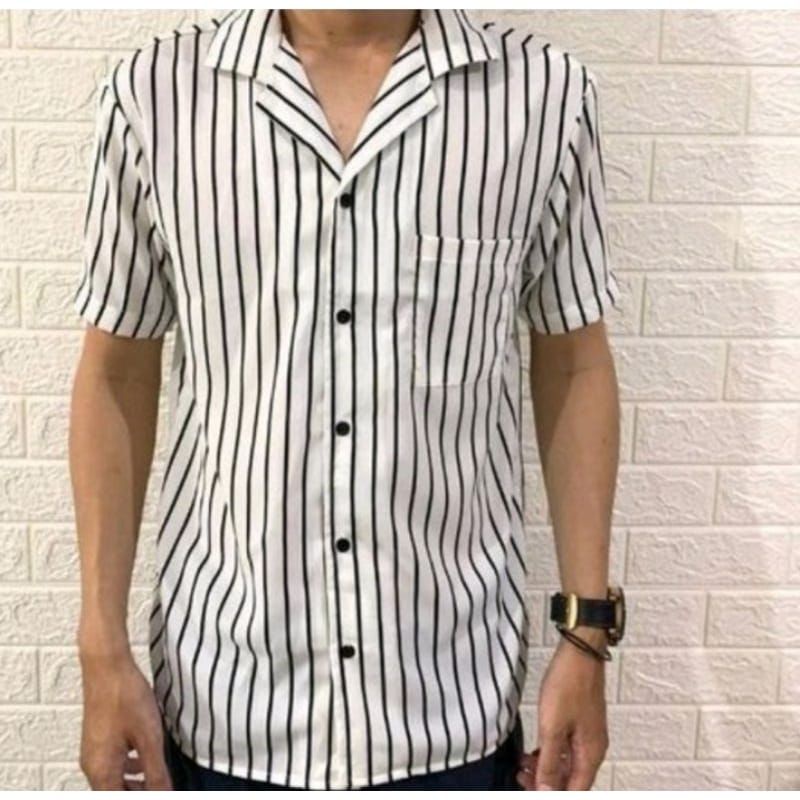 Kemeja salur pria garis Hitam putih | Kemeja motif pria garis garis | Hem salur pria