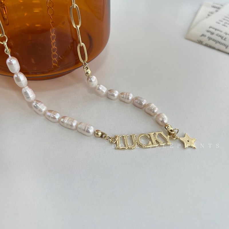 Kalung choker Rantai Klavikula Desain Bintang Keberuntungan Aksen Mutiara Untuk Wanita