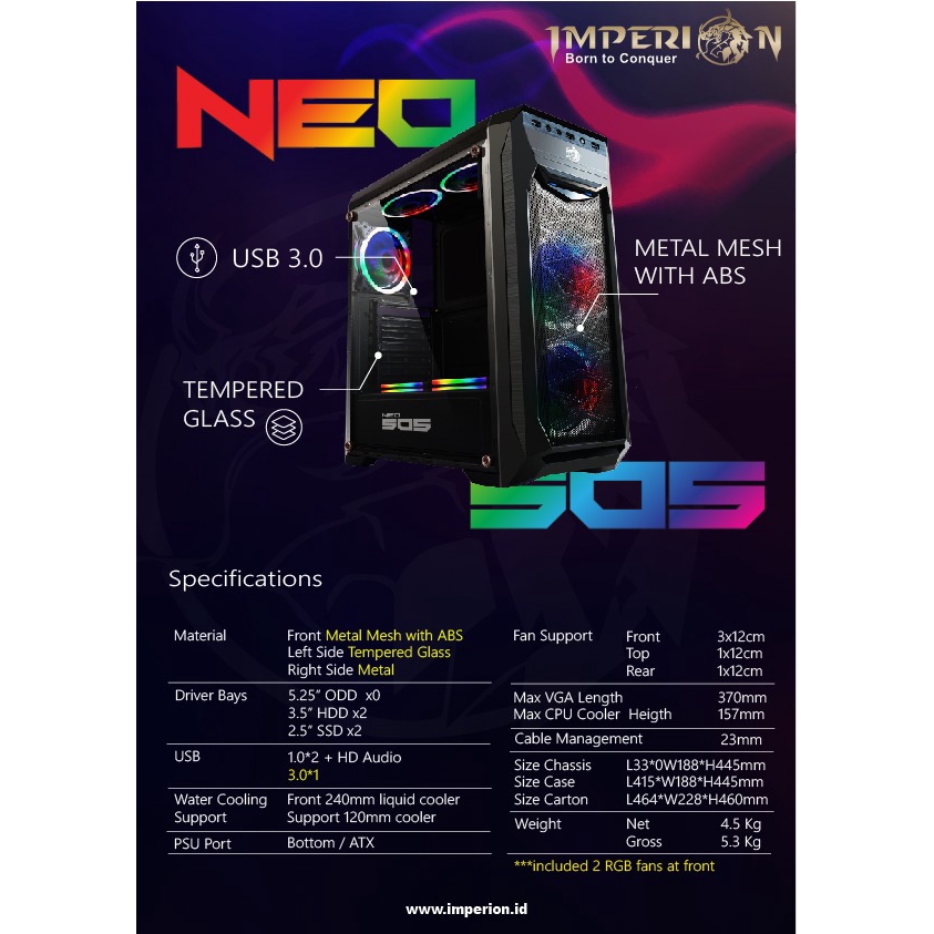 IMPERION CASING PC NEO 505 FREE 2 LED FAN 12 CM GAMING PC CASE