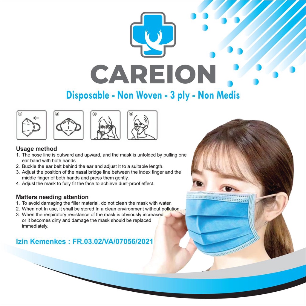 MASKER 3 PLY / FACE  MASK DISPOSABLE MASK ISI 50pc EARLOOP CAREION