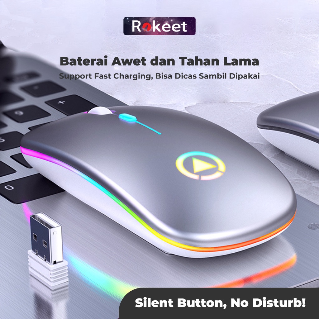 Rokeet Mouse Wireless Silent Click Slim 2.4Ghz 1000/1200/1600DPI Rechargeable untuk PC Laptop Gaming Macbook Ultra Ergonomis RGB Light