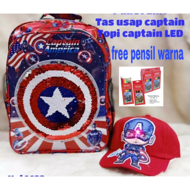 tas usap sequen karakter kapten amerika free topi led dan pensil warna warna merah