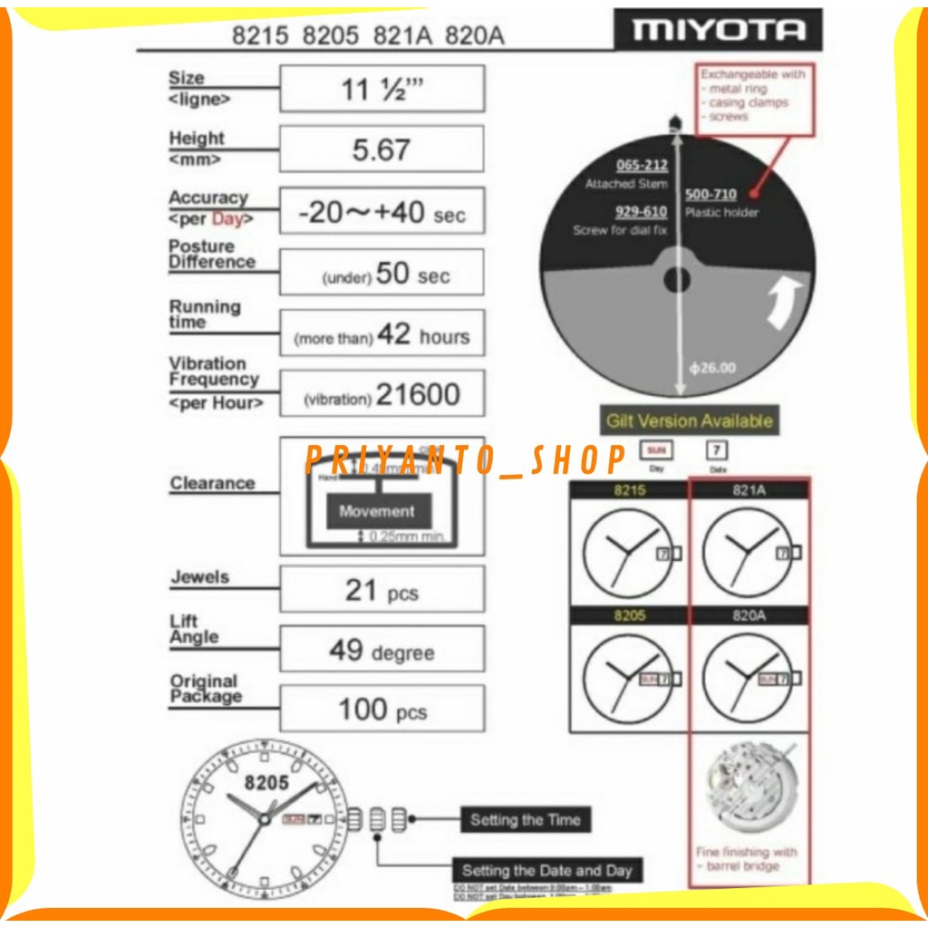 MESIN JAM TANGAN MIYOTA 8205 AUTOMATIC MOVEMENT JAPAN ORIGINAL DAY-DATE TANGGAL HARI