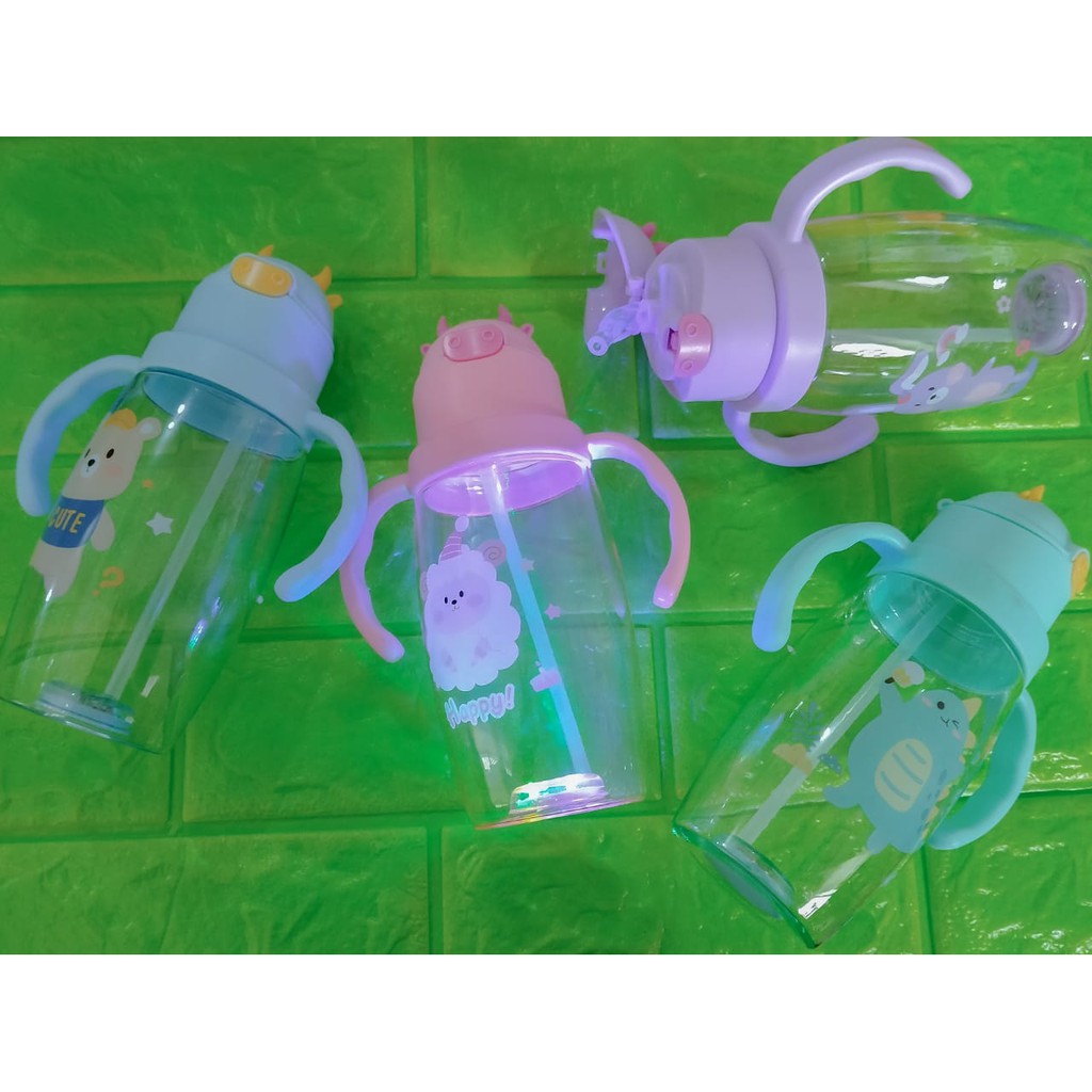 BOTOL MINUM ANAK LED - BOTOL ANAK MOTIF SAPI DENGAN LAMPU LED KARAKTER 550ML 2 IN 1 TALI DAN GAGANG