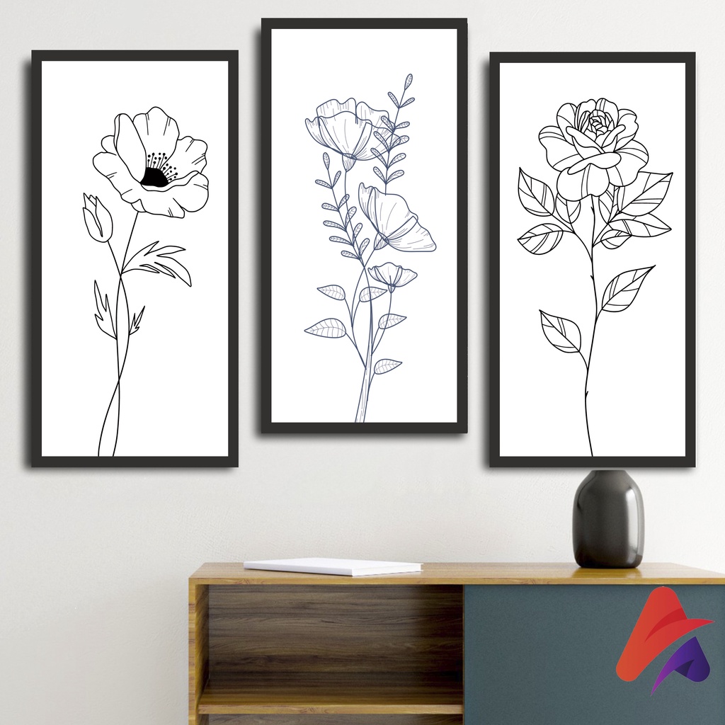 HIASAN DINDING BUNGA HITAM PUTIH MONOCHROME ABSTRAK PAJANGAN WALL DECOR POSTER KAYU MONOCHROME HITAM PUTIH