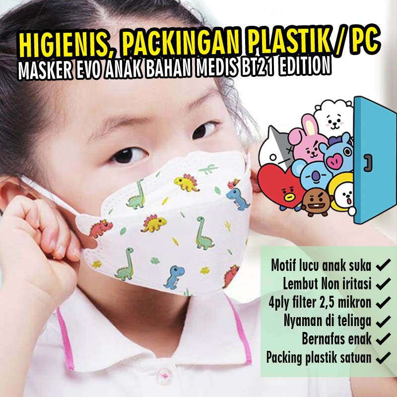 Masker kf94 anak evo motif BT21 earloop disbosable 4ply lapis bukan kain ecer satuan