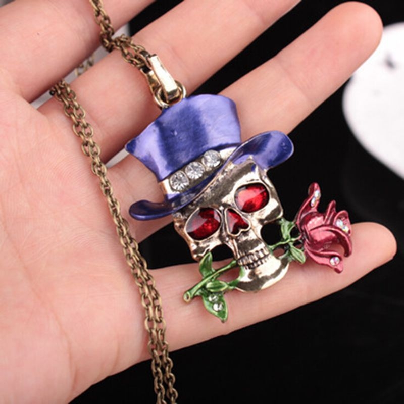 Retro punk inlaid gemstone skull magician pendant necklace men's jewelry