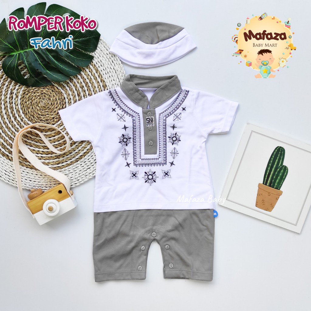 MAFAZABABY Set Jumper Romper Koko Bayi Baju Muslim Anak Bayi Laki-laki Newborn Koko Aqiqah(0-6bulan)-Fahri (putih)