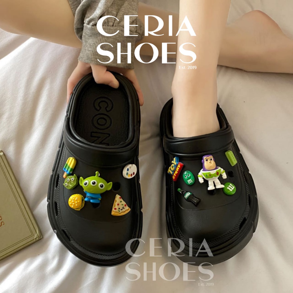 EVA Sandal Slop Clog Wanita 3D Toy Story Jibbitz Bangkok Import Spons Rubber Tebal Tinggi Karet Ringan Super Empuk Anti Slip Wedges Slides include Summer Sandals