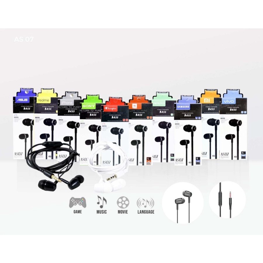 HEADSET / HANDSFREE &lt; SAMSUNN - AS07 &gt; SUPER BASS + MIC bisa dipakai untuk semua hp