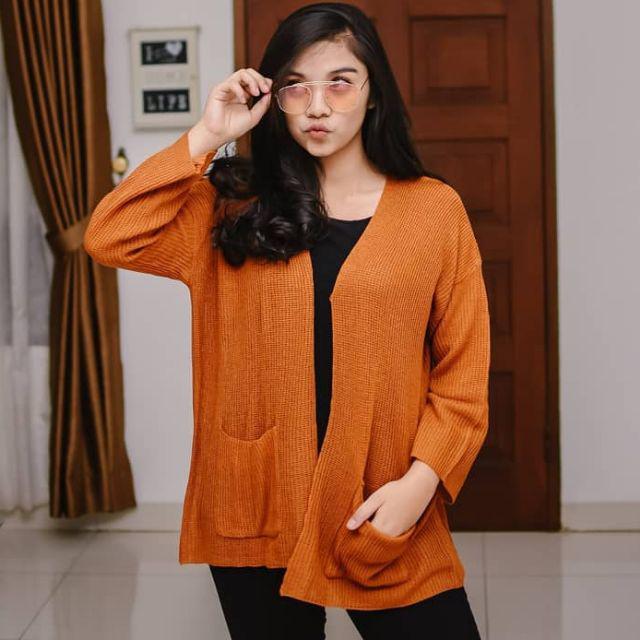 PREMIUM LOOCY POCKET CARDIE / KARDIGAN RAJUT SAKU POLOS locy Oversized cardy-Coral