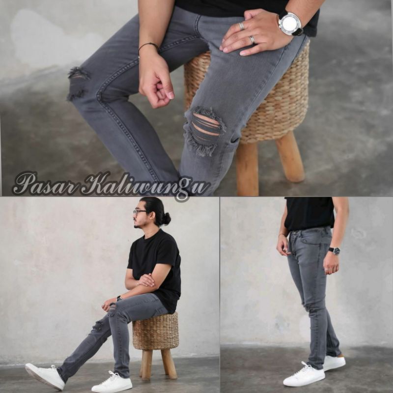 CELANA JEANS PRIA SOBEK LUTUT ROBEK SOFT JEANS