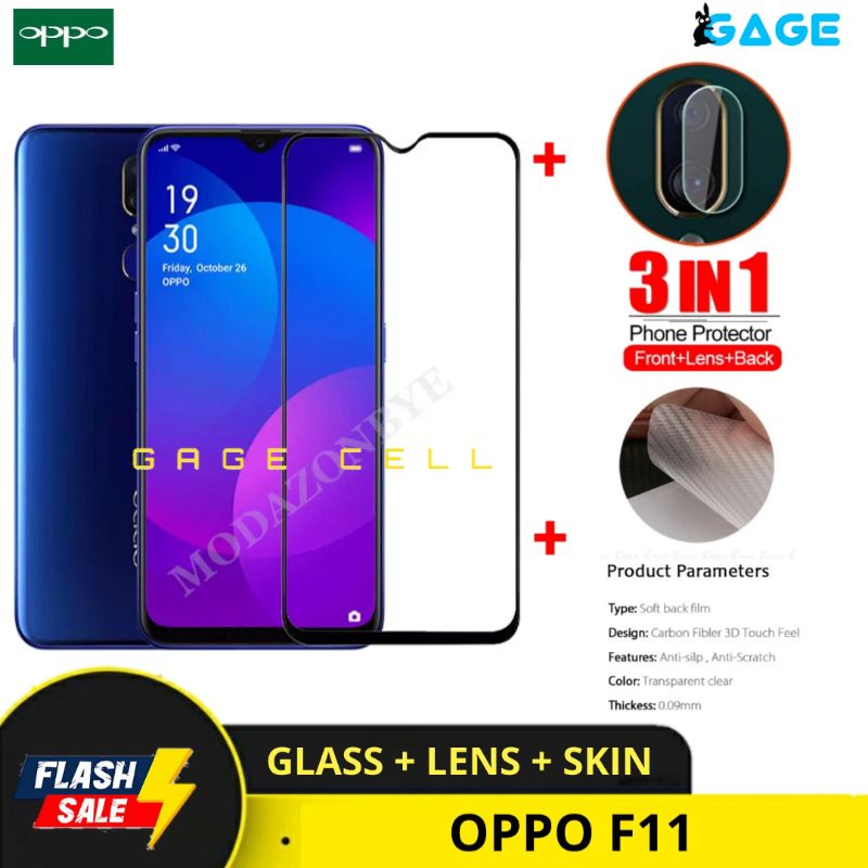 PAKET 3in1 TEMPERED GLASS LAYAR KAMERA SKIN CARBON OPPO F11 TG ANTI GORES FULL SCREEN PROTECTOR