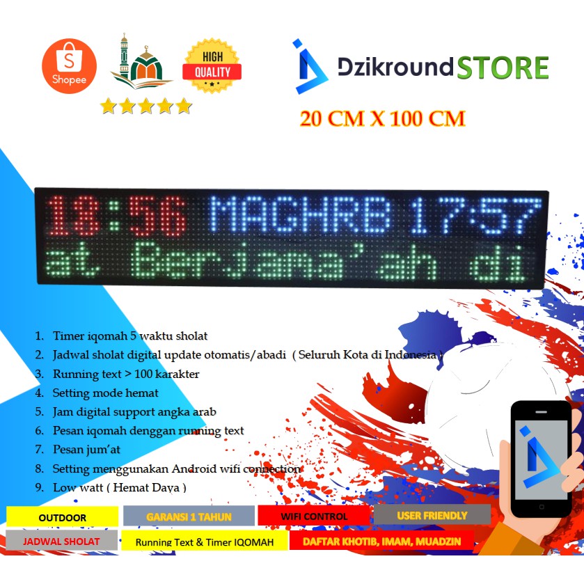 DZIKROUND FC3 Series Fullcolour Jam Digital Jadwal Sholat masjid Ukuran 20x100 Wifi
