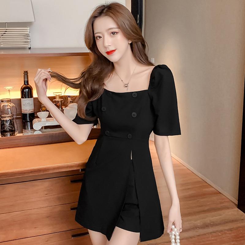 [littlecrab] Setelan Atasan Square Neck Celana Pendek Hitam Abu-Abu Simple Elegan Simply Fashion Dress Berkualitas Sabrina Set Korean Style