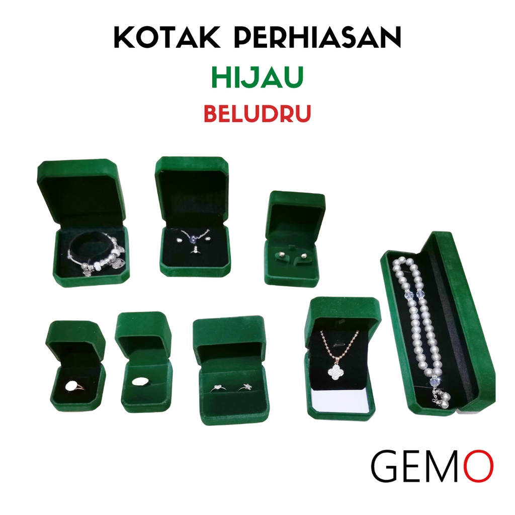 Kotak Perhiasan Warna Hijau Beludru Set / Cincin / Liontin / Gelang / Kalung Koye / Jewelry Box Unik Lucu untuk Tempat Wadah Seserahan / Akad Pernikahan / Hantaran Tunangan Harga Paling Murah cocok untuk Aksesoris Emas Berlian/ Perak Permata