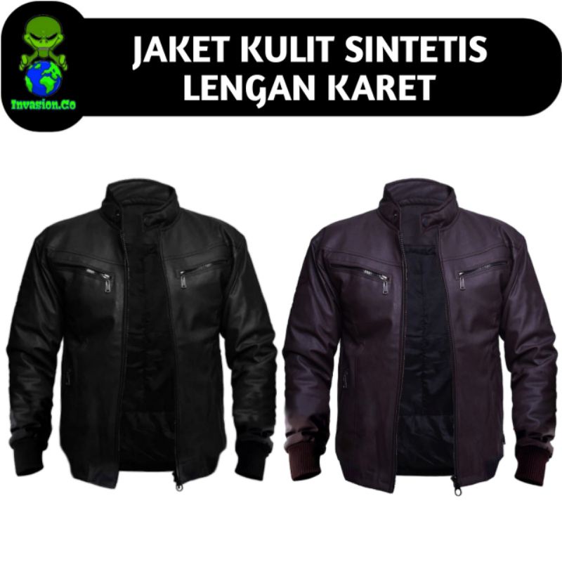 JAKET KULIT SINTETIS LENGAN KARET