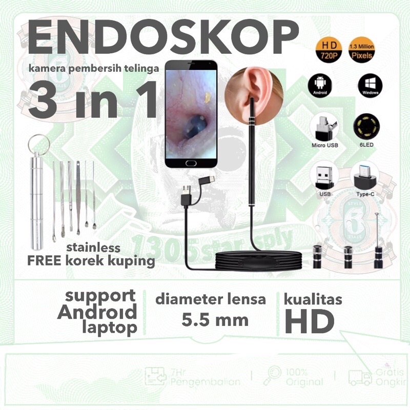 [ 100% ORIGINAL ] 3 in 1 Kamera Endoscope HD Visual USB Earpick  TaffOmicron | pembersih telinga - k