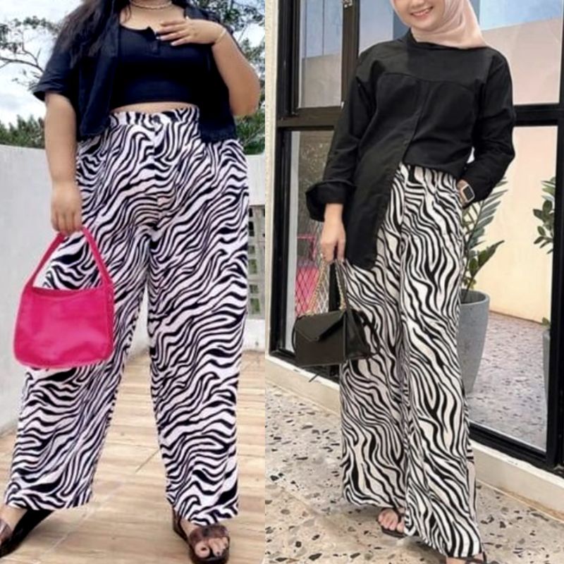 Celana Kulot Panjang Super Jumbo Big Size Wanita Bahan Katun Rayon Motif garis garis Zebra Muat Sampai BB 90kg