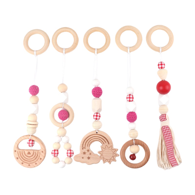 Mary 5pcs / Set Mainan Rattle Teether Ring Kayu Beech Untuk Stroller Bayi