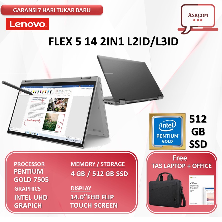 LENOVO Flex 5 14 2in1 Touch PENTIUM GOLD 7505 4GB 512ssd 14.0&quot;FHD Win10+OHS 19 2YR ADP