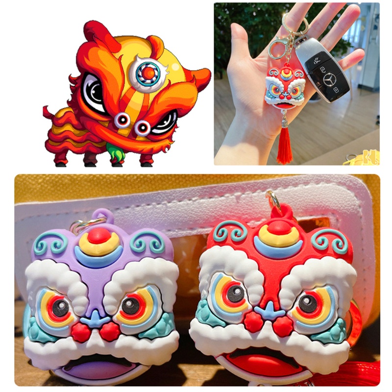 Mary Chinese Lion Keychain Dance Lion Keyring Dengan Rumbai Good Luck Charm Pendant