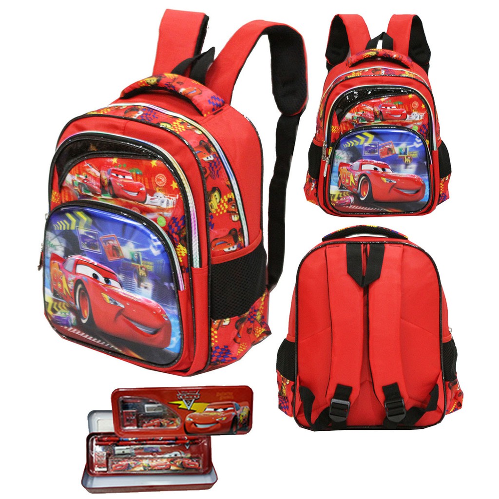 Tas Ransel TK Import Cars McQueen 5D Timbul 3 Kantung   Kotak Pensil