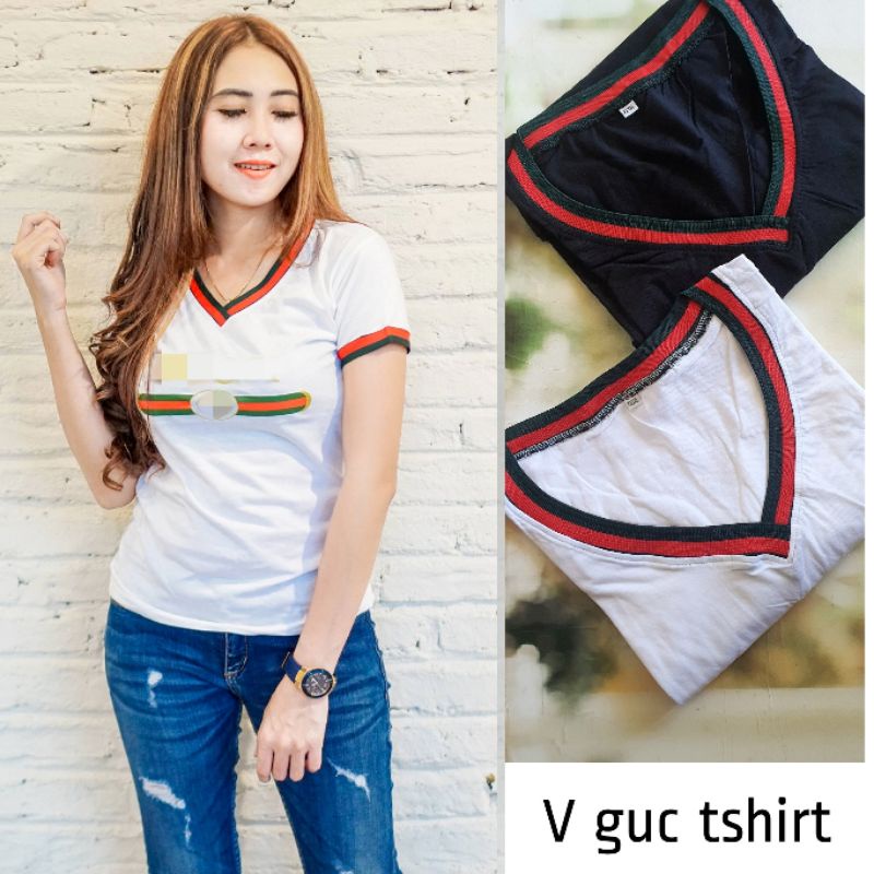 V GUC COMBI KAOS WANITA V-NECK CEWEK LENGAN PENDEK