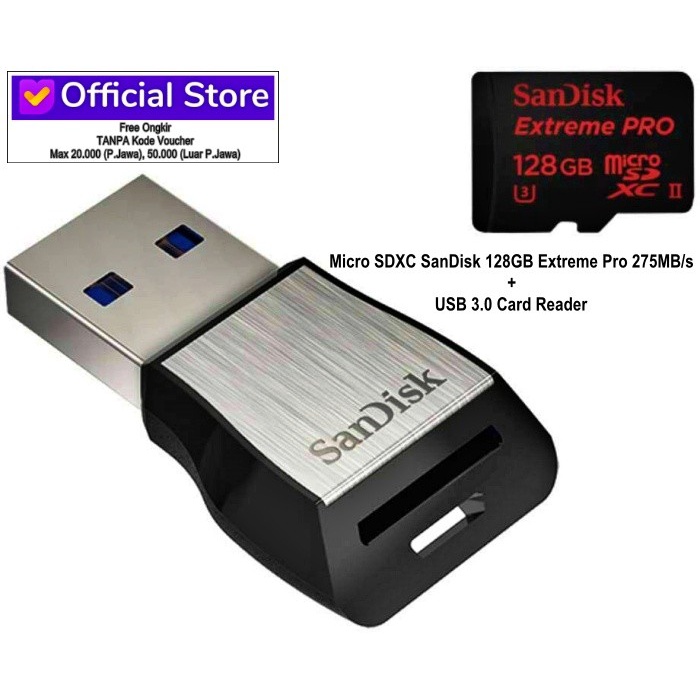 Sandisk Micro SDXC 128GB Extreme Pro 275Mb/s U3 4k + Card Reader