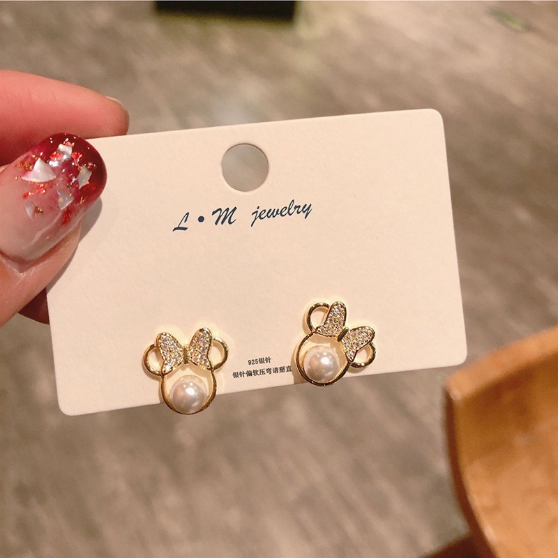 925 jarum perak Mori gaya Jepang dan Korea ikatan simpul cute Mickey mutiara anting-anting anting-an