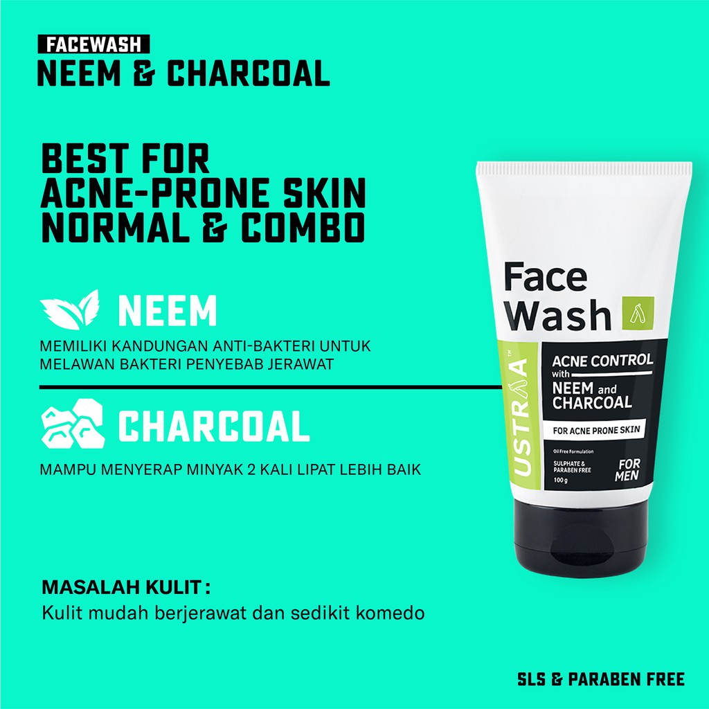 Sabun Jerawat Pembersih Wajah Pria Ustraa Face Wash Acne Control with Neem &amp; Charcoal Penghilang Jerawat Komedo