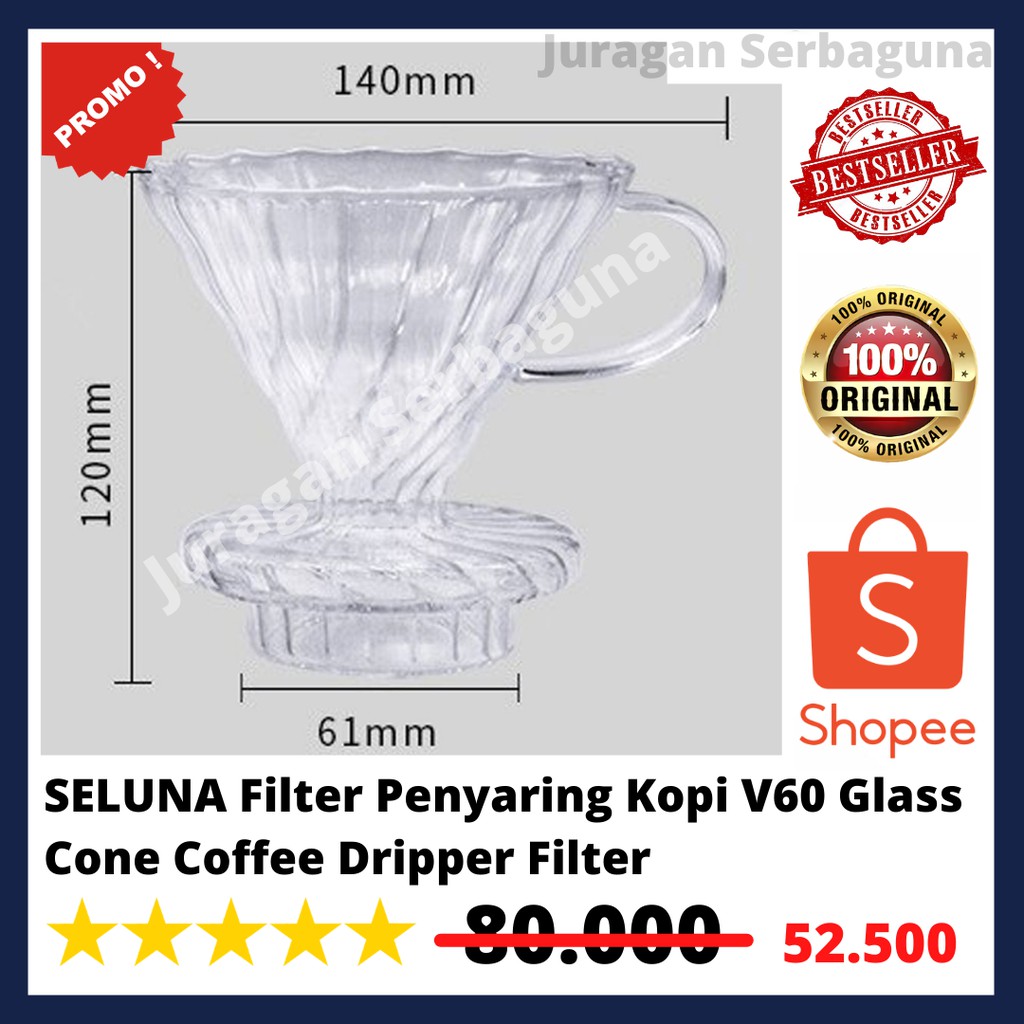 SELUNA Filter Penyaring Kopi V60 Glass Cone Coffee Dripper Filter