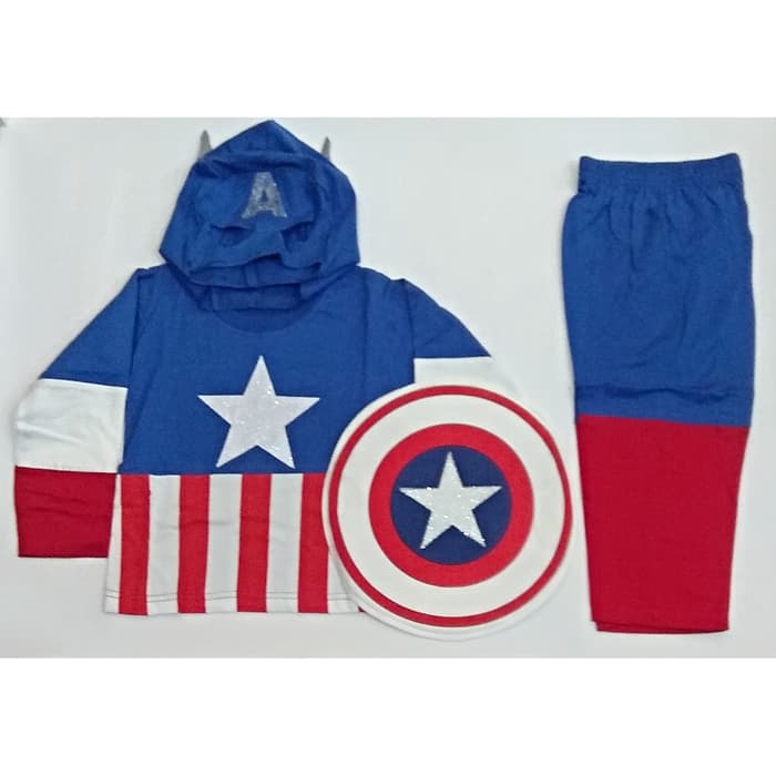 Kostum Superhero Anak Captain America Baju Setelan Panjang Laki-Laki Topeng Tameng