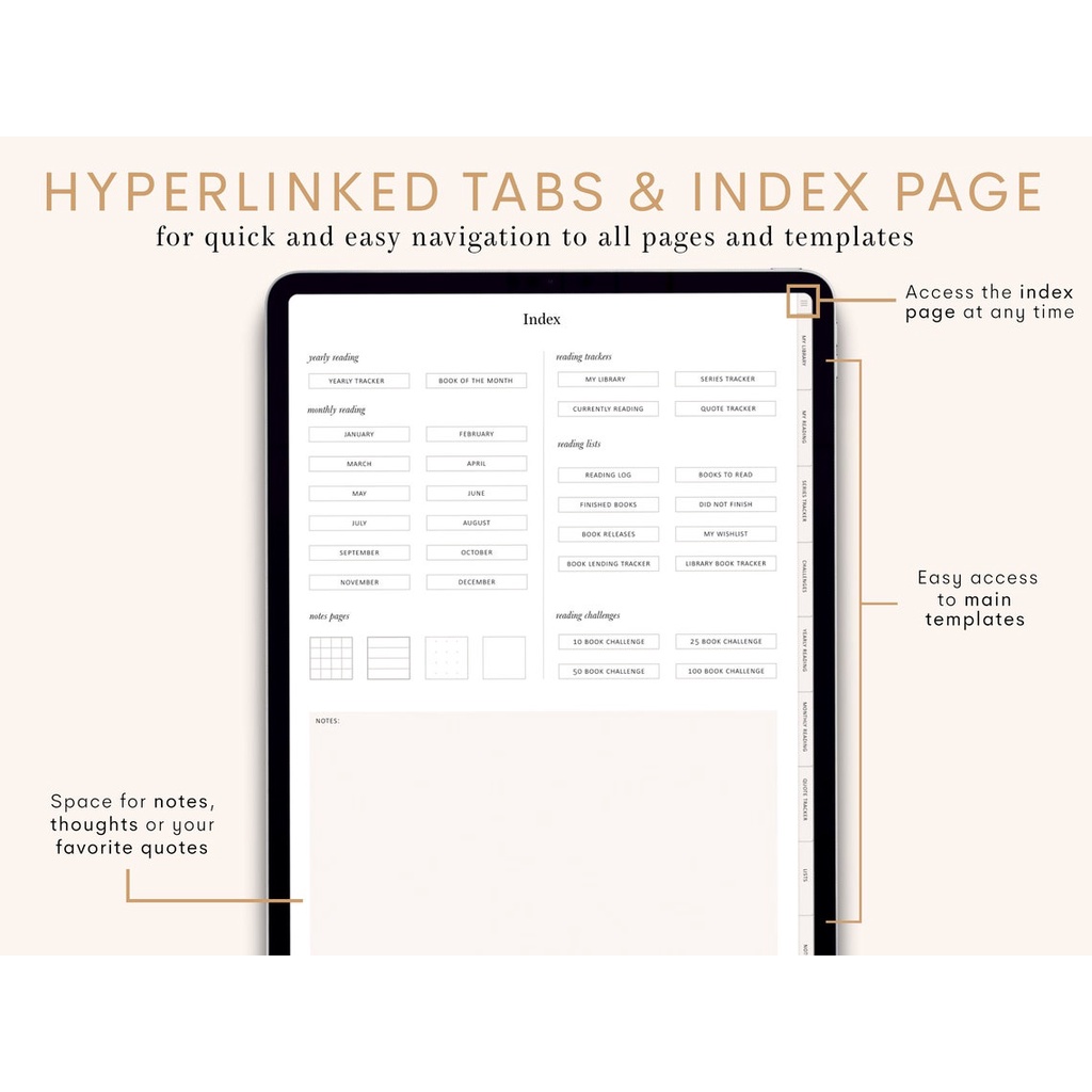 Digital Journal &amp; Planner - Book Reading Review &amp; Tracker (Tab Hyperlinked) for note taking apps like Goodnotes, Notability, Xodo, etc.