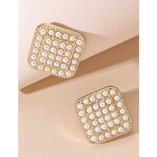 LRC Anting Tusuk Fashion Golden Pearl Love,Round,Square Alloy