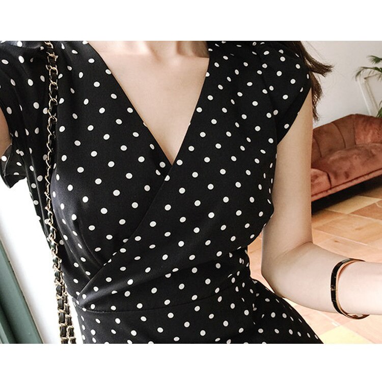 Korean Polkadot Midi Dress V Neck Dress Wanita 1048 (XS-XL)