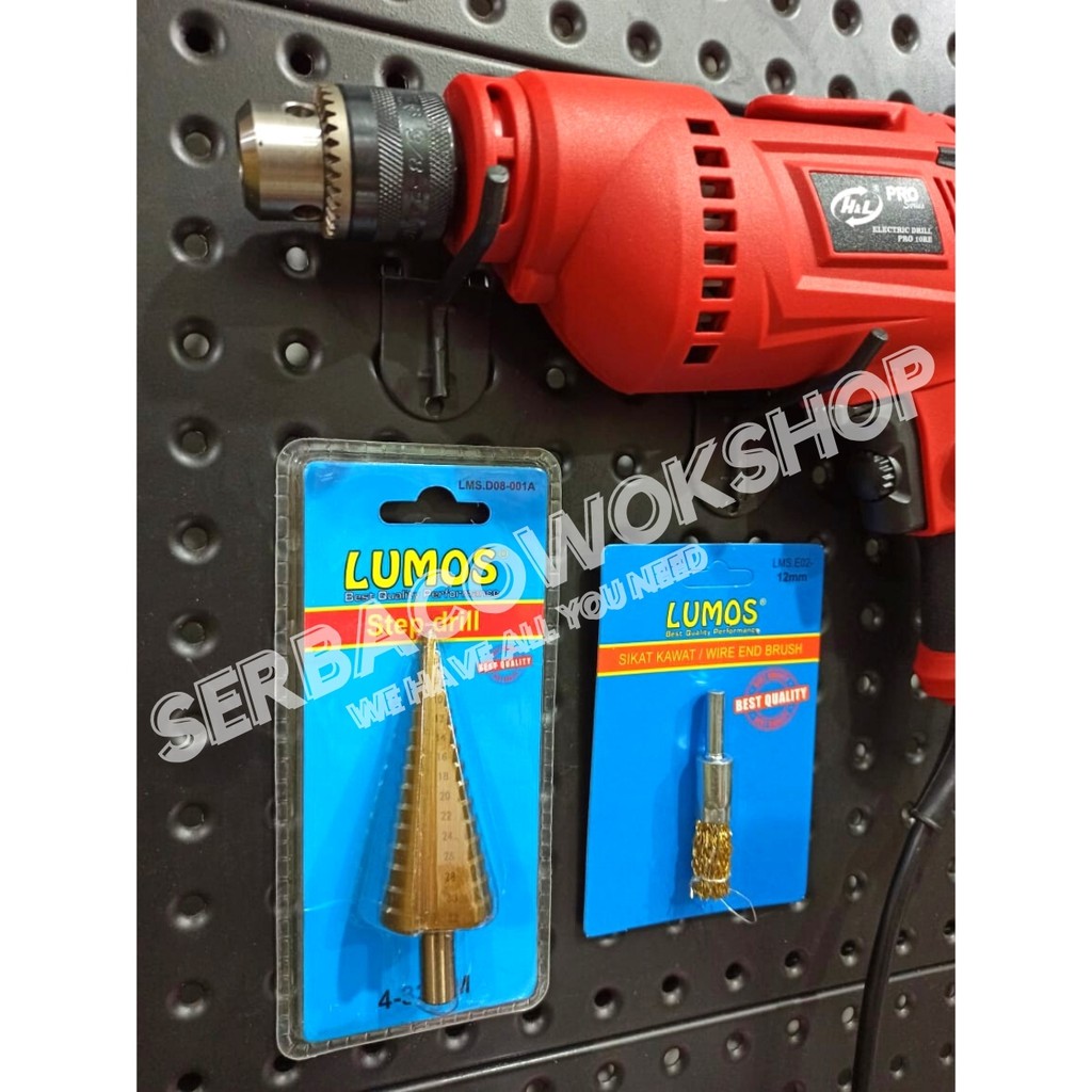 Promo Paket Mesin Bor Variabel Speed 10mm 2 Arah + Titanium Coated Step Drill 4-32mm + End Brush