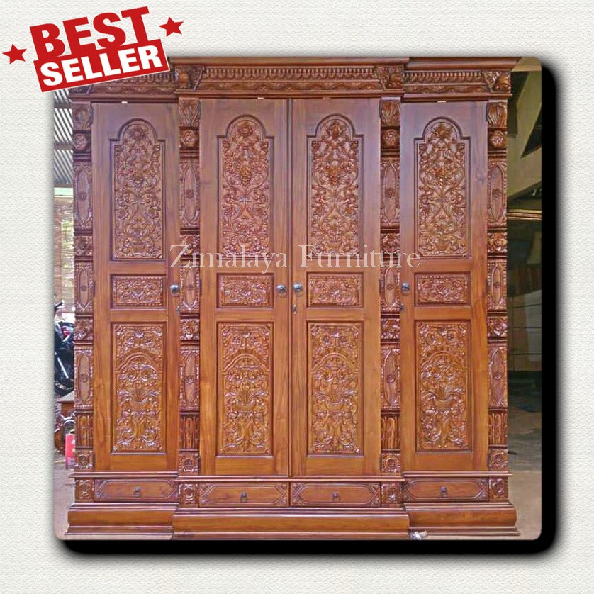 LEMARI PAKAIAN GEBYOK UKIR JATI 4 PINTU LEMARI PAKAIAN JATI UKIR FURNITURE JEPARA