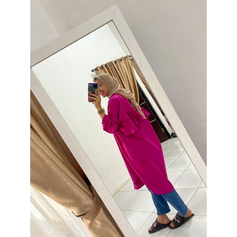 Layna Long Tunik Layer Back Atasan Wanita Bahan Rayon Full Kancing Lengan Panjang OOTD Remaja