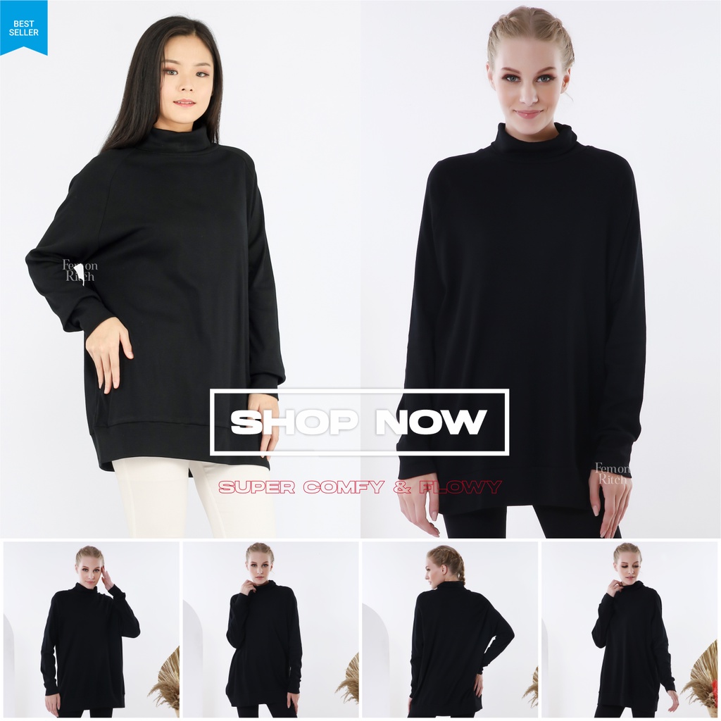 Turtleneck Wanita Oversize Rib Knit Cotton Jumbo Femon Ritch