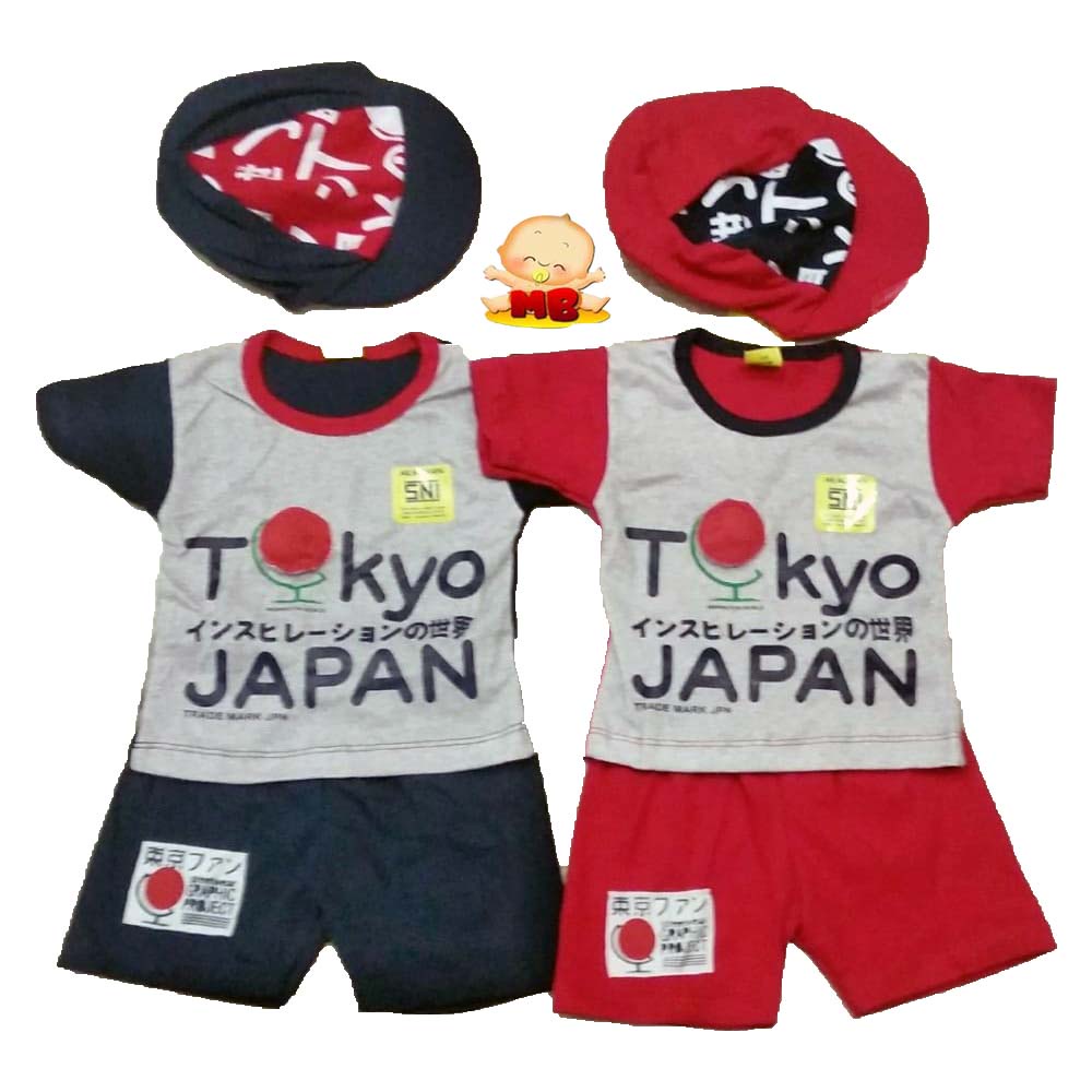 Baju Bayi Laki Laki Setelan Kaos Keren Bonus Topi Tokyo Japan