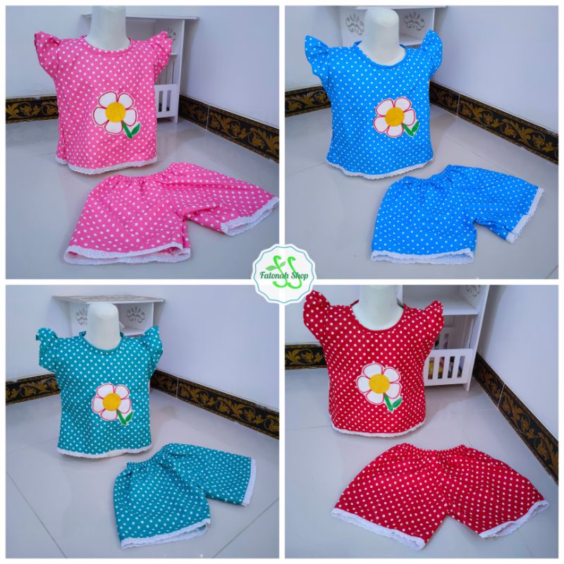 Setelan anak 2 3 4  tahun baju anak cewek perempuan motif polka polkadot atasan lucu ( setelan bunga asteria polka )