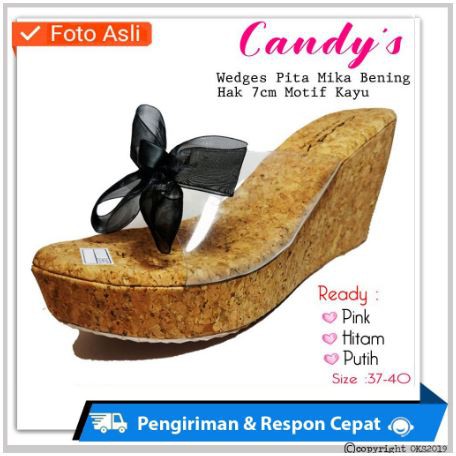 Sandal Wedges warna Kayu Pita Mika Bening Pesta Casual Simple Santai Harian
