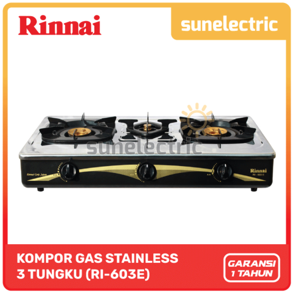 Rinnai RI-603E Kompor Gas Stove Stainless 3 Tungku RI 603 E / RI603 E / RI 603E / RI-603 E / RI603E