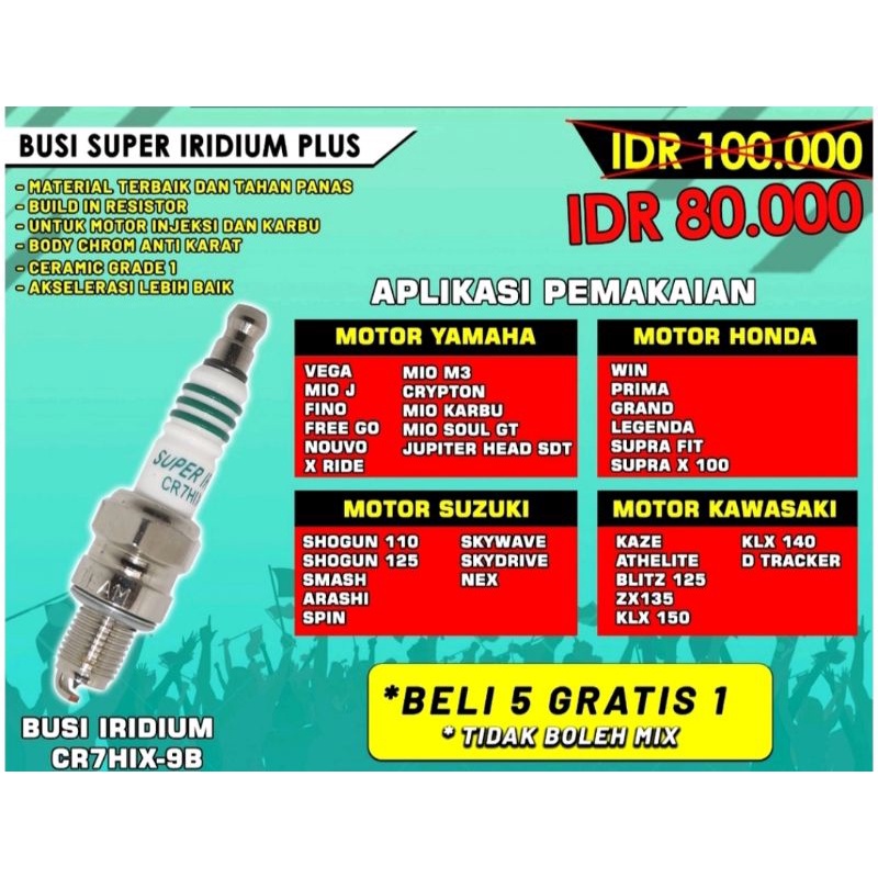 Busi Racing BRT SUPER IRIDIUM PLUS KLX CRF WR BEAT VARIO TIGER CB 150 SATRIA FU NMAX