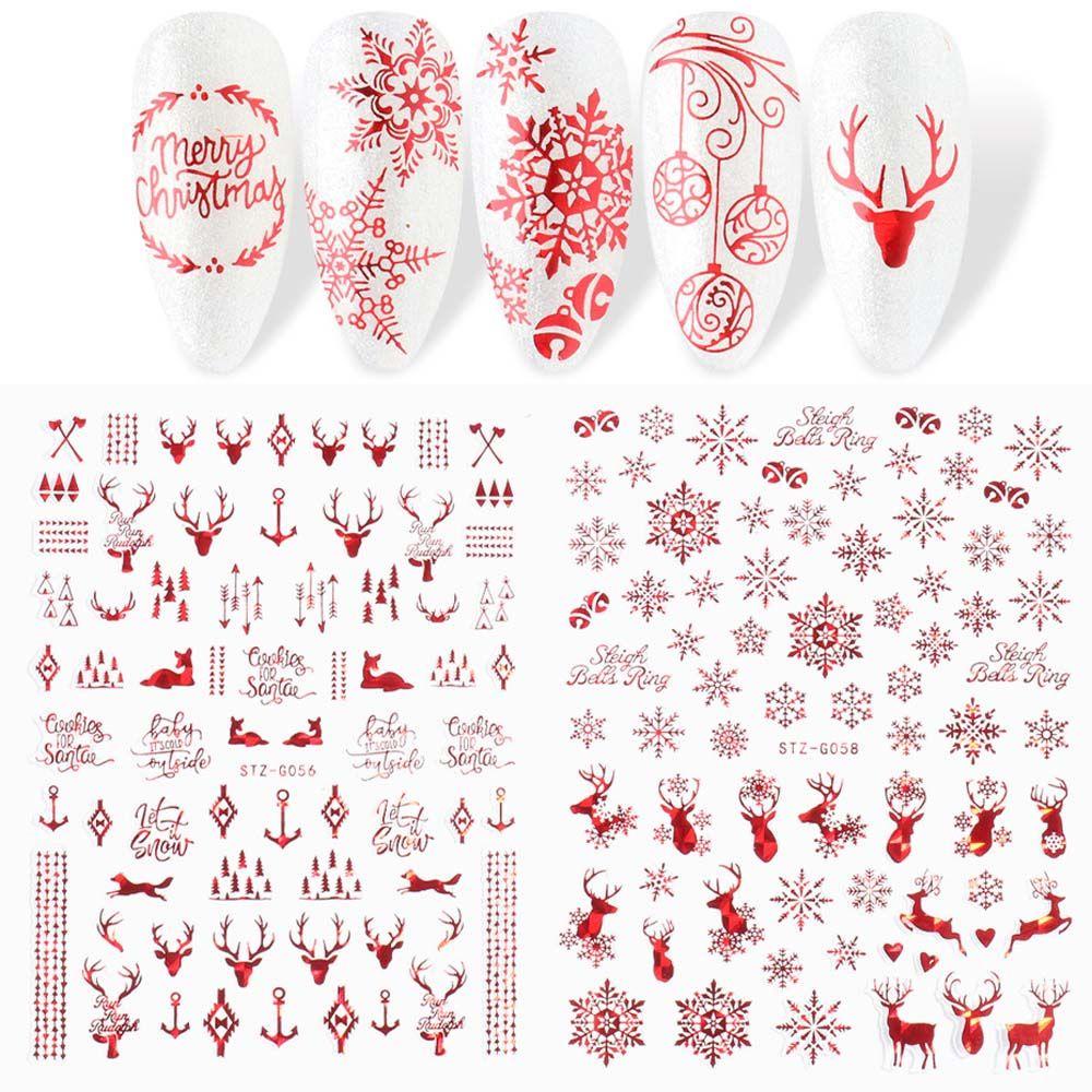 AUGUSTINA Agustina Stiker Kuku Natal Wanita 9pcs /set Elk Snowflake Manicure Aksesoris Pohon Natal Nail Art Dekorasi