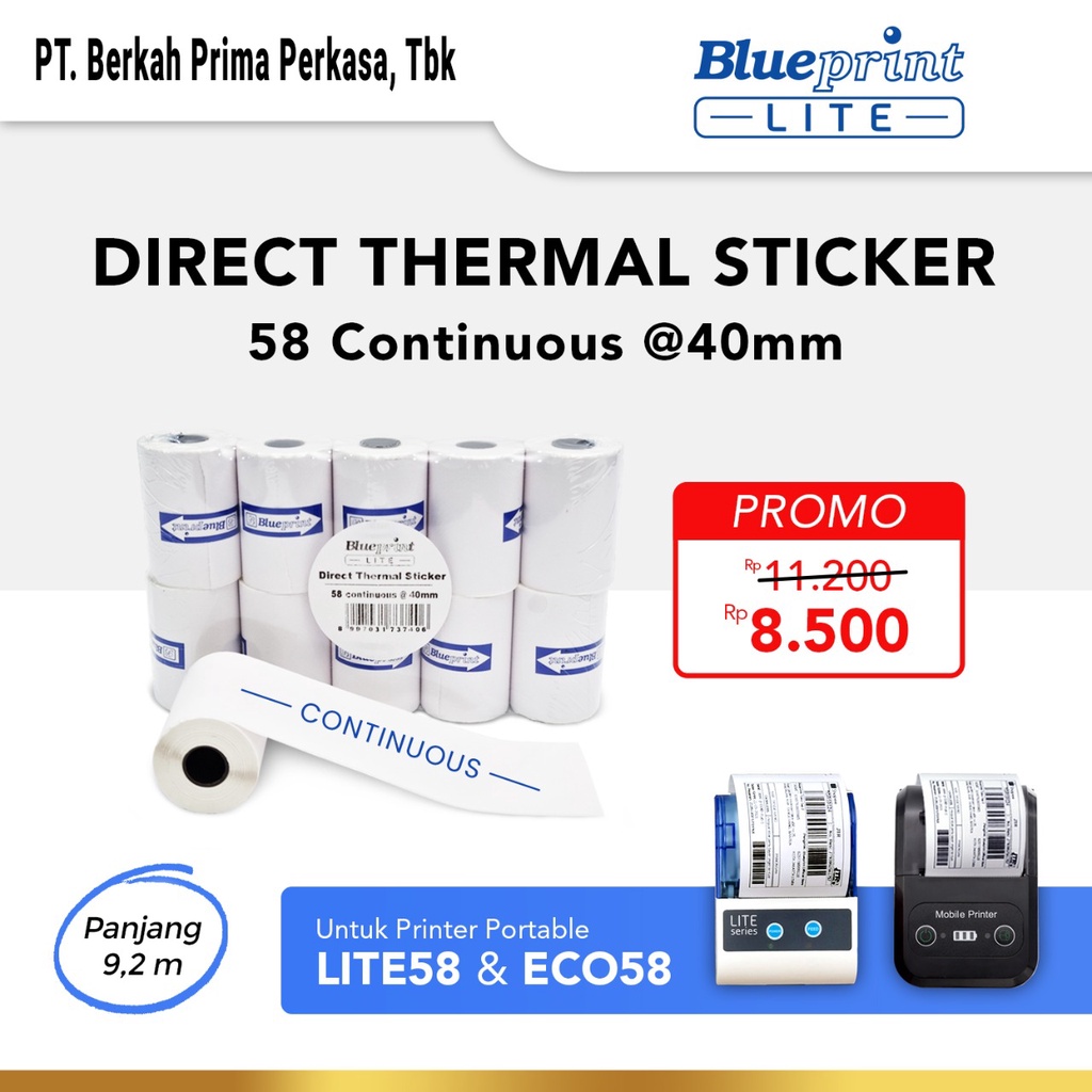 

Kertas Thermal Stiker BLUEPRINT 58 mm Continuous @40mm - 1 Roll