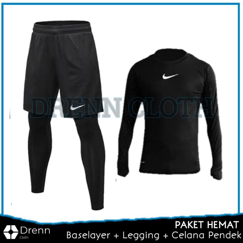 Stelan Olahraga Pria Baju Manset Baselayer Olahraga Legging Panjang dan Celana Pendek Pria Olahraga  Futsal Gym Premium-Full  Set Niike
