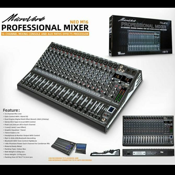 MIXER AUDIO MICROVERB NEO M16 16CH USB-BLUETOOTH RECORDING-SOUND CARD